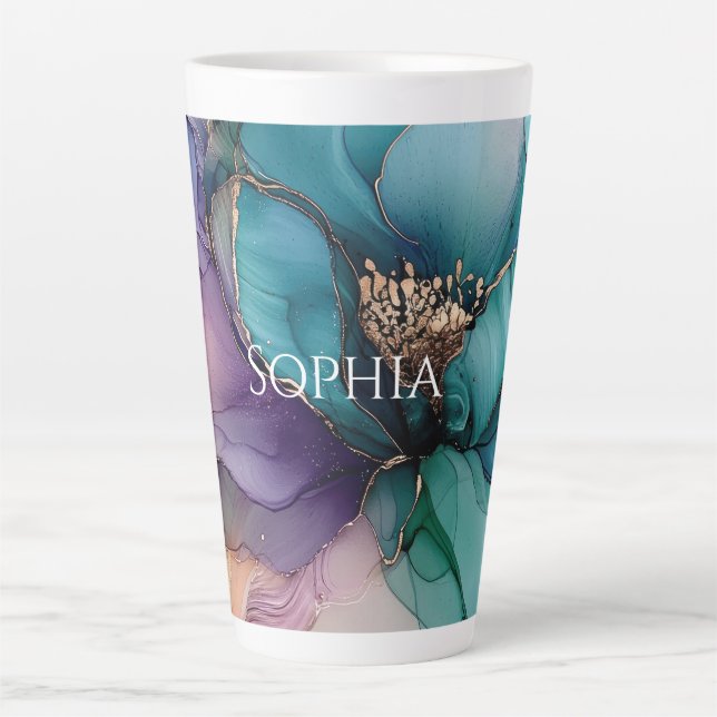 Gold Blue Aqua Purple Flower Bridal Shower Latte Mug (Front)