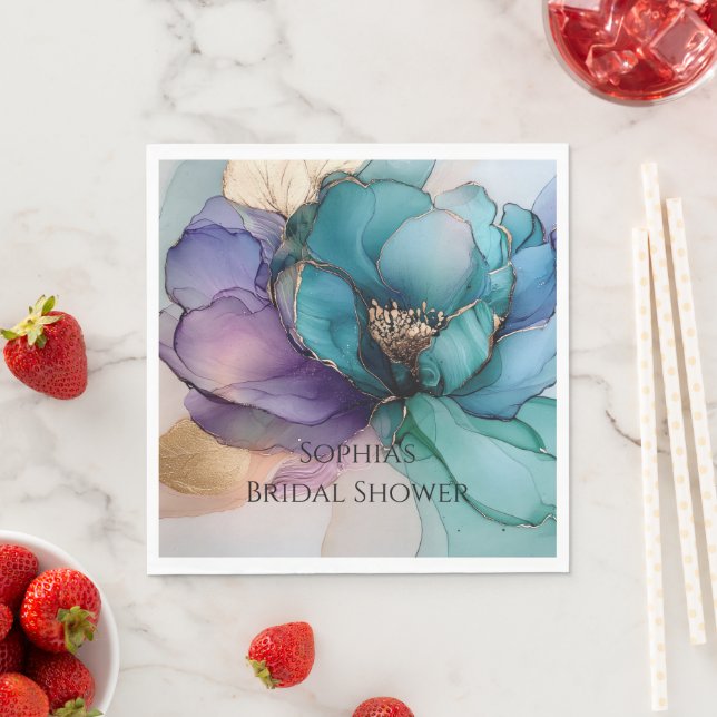 Gold Blue Aqua Purple Flower Bridal Shower Napkin (Insitu)