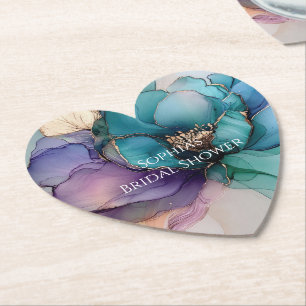 Gold Blue Aqua Purple Flower Bridal Shower Paper Coaster