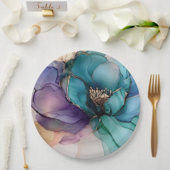 Gold Blue Aqua Purple Flower Bridal Shower Paper Plate (Wedding)