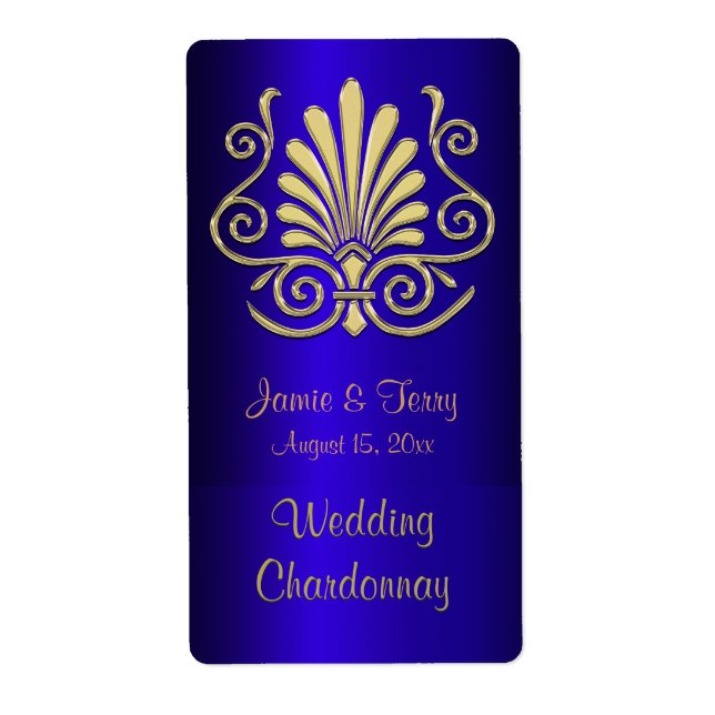 Gold Blue Art Deco Damask Party Vin Étiquette 2 (Devant)