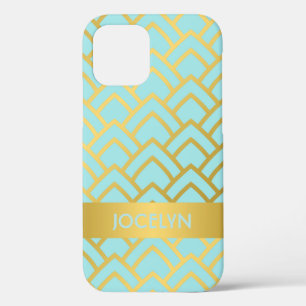 Gold Blue Art Deco Geometric Personalized Name iPhone 12 Case