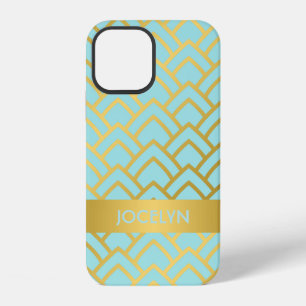 Gold Blue Art Deco Geometric Personalized Name iPhone 12 Case