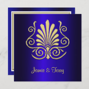 Gold Blue Art Deco Mariage damassé Invitation 2