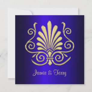 Gold Blue Art Deco Mariage damassé Invitation 2