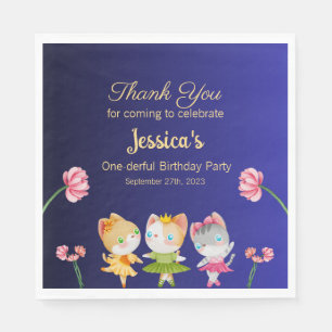 Gold Blue Ballerina Cat Kids Birthday Party Napkin