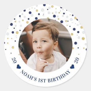 Gold & Blue Balloons 1st Birthday Party Photo Classic Round Sticker