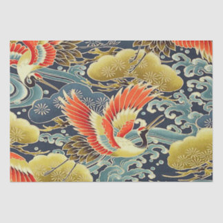 Gold Blue Bird Japanese Kimono Floral Decoupage Tissue Paper