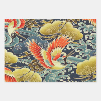 Gold Blue Bird Japanese Kimono Floral Decoupage Wrapping Paper Sheet