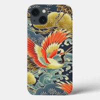 Gold Blue Bird Oriental Japanese Kimono Floral 