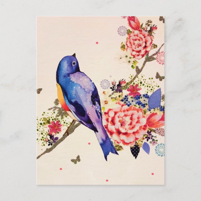 Gold Blue Bird Red Floral Butterfly Glitter Announcement Postcard (Front)