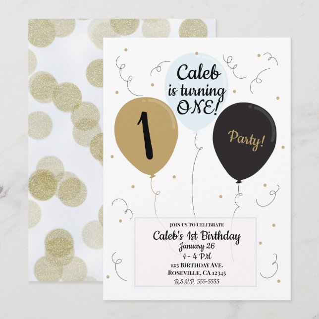 Gold Blue & Black Balloons Boys 1st Birthday Party Invitation (Front/Back)