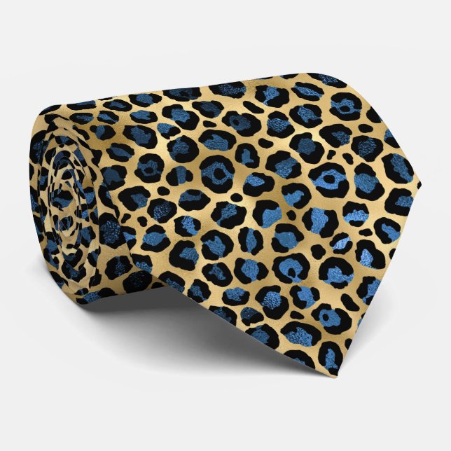 GOLD BLUE BLACK LEOPARD MENS TIE (Rolled)