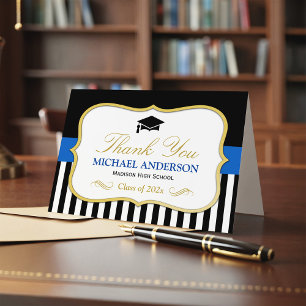 Gold Blue Black White Stripes Graduation Thank You