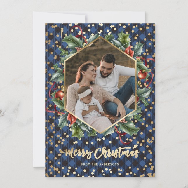 Gold Blue Buffalo Plaid Photo Christmas Cards (Front)