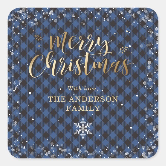 Gold Blue Buffalo Plaid Snowflake Christmas Square Sticker (Front)