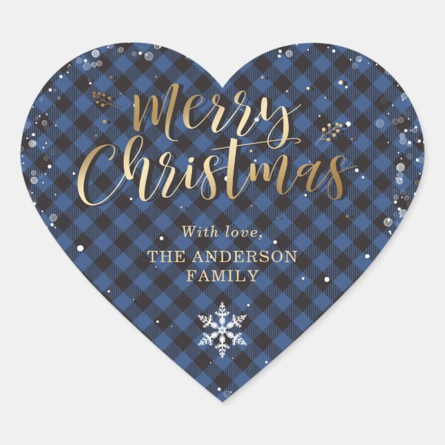 Gold Blue Buffalo Plaid Snowflake Merry Christmas Heart Sticker (Front)