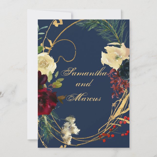Gold Blue Burgundy Watercolor Floral Wreath Weddin Invitation (Front)