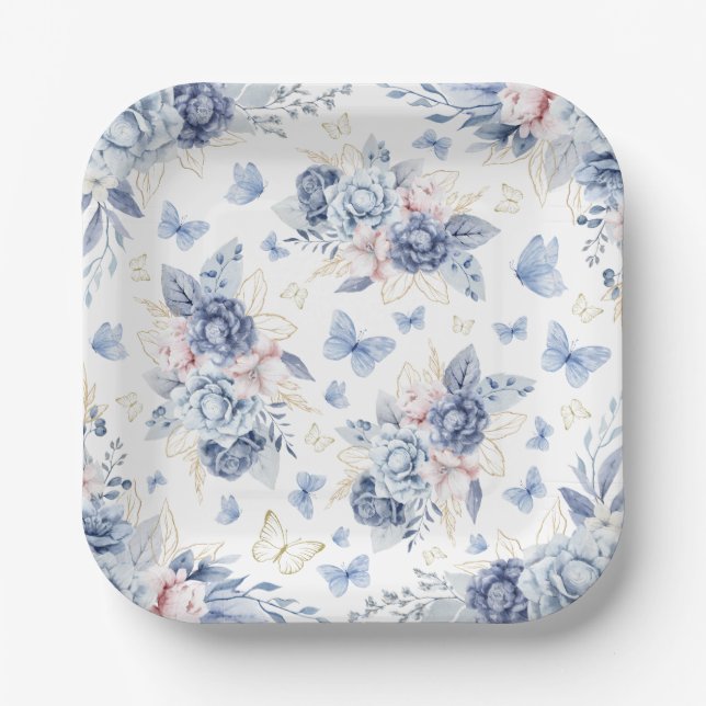 Gold & Blue Butterflies Boy Baby Shower Paper Plate (Front)