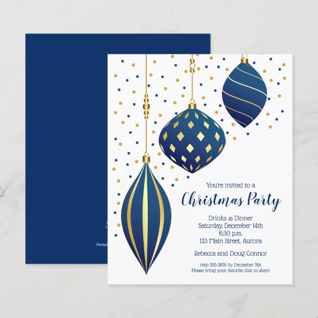 Gold Blue Christmas Ornaments Budget Invitations (Front/Back)