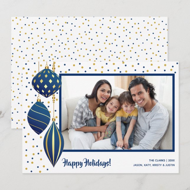 Gold Blue Christmas Tree Ornaments Photo Holiday Card (Front/Back)