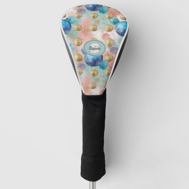 Gold & Blue Circle Pattern with Glitter Accents Golf Head Cover (Front)