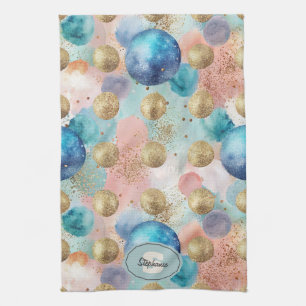 Gold & Blue Circle Pattern with Glitter Accents Kitchen Towel