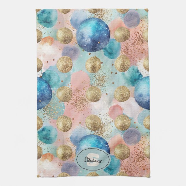 Gold & Blue Circle Pattern with Glitter Accents Kitchen Towel (Vertical)