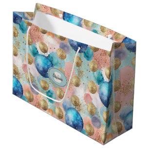 Gold & Blue Circle Pattern with Glitter Accents Large Gift Bag
