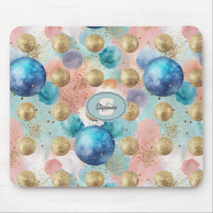 Gold & Blue Circle Pattern with Glitter Accents Mouse Pad