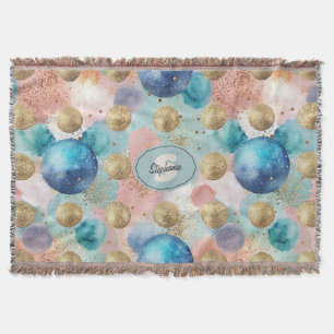 Gold & Blue Circle Pattern with Glitter Accents Throw Blanket