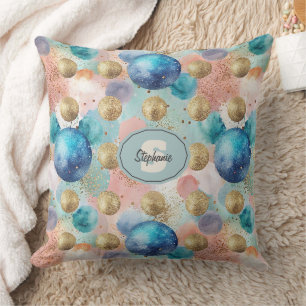 Gold & Blue Circle Pattern with Glitter Accents Throw Pillow