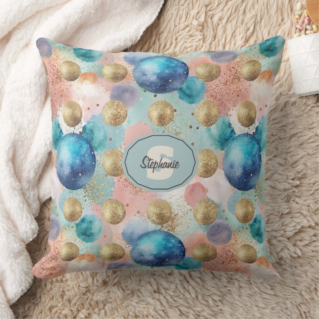 Gold & Blue Circle Pattern with Glitter Accents Throw Pillow (Blanket)