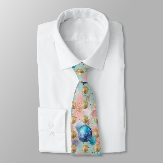 Gold & Blue Circle Pattern with Glitter Accents Tie (Tied)