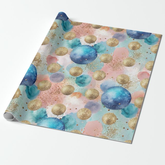 Gold & Blue Circle Pattern with Glitter Accents Wrapping Paper (Unrolled)