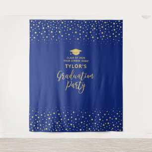 Gold & Blue Confetti   Graduation Party Backdrop Tapestry