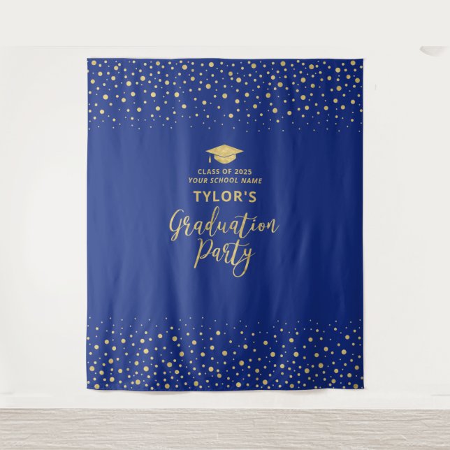 Gold & Blue Confetti | Graduation Party Backdrop Tapestry (Front)