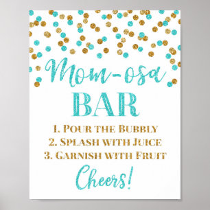 Gold Blue Confetti Mom-osa Bar Sign Baby Shower