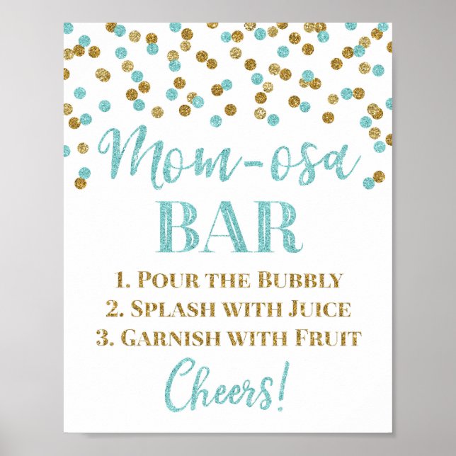 Gold Blue Confetti Mom-osa Bar Sign Baby Shower (Front)