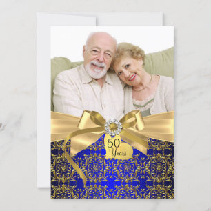 Gold Blue Damask & Bow Photo 50th Anniversary Invitation