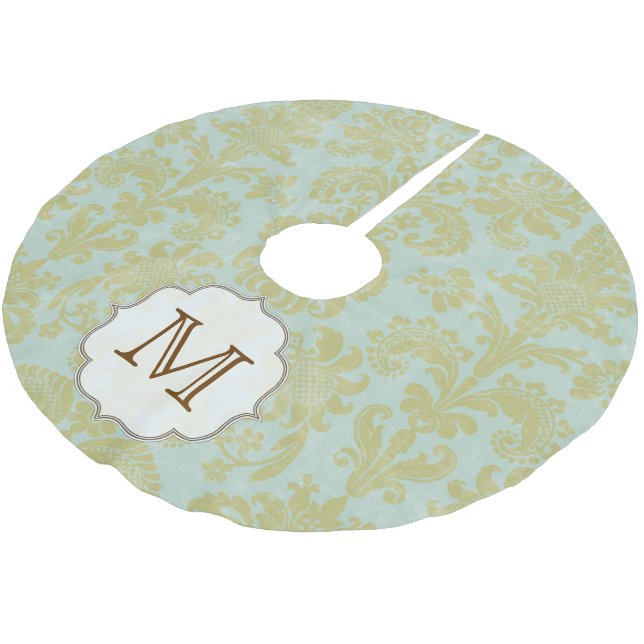 Gold Blue Damask Lace Monogram Initial Tree Skirt (Angled)