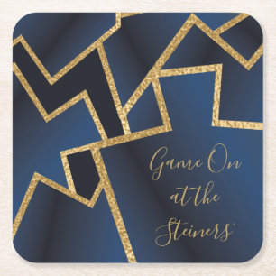 Gold Blue Dreidels Square Paper Coaster