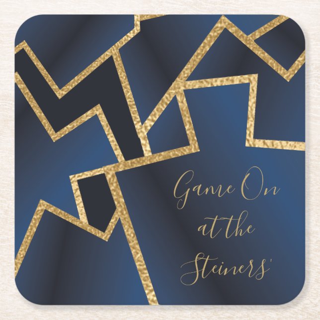 Gold Blue Dreidels Square Paper Coaster (Front)
