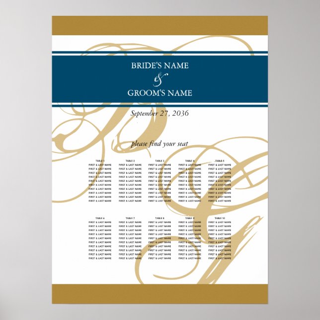 Gold Blue Elegant Monogram Wedding Seating Chart (Front)