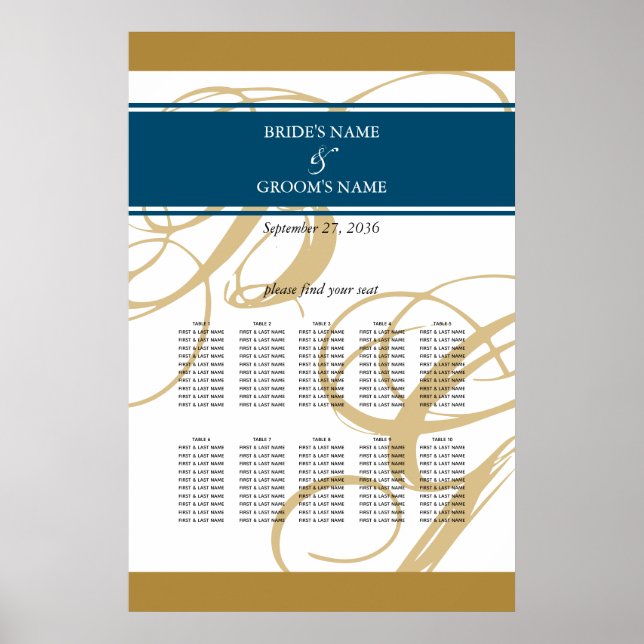 Gold Blue Elegant Monogram Wedding Seating Chart (Front)
