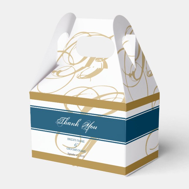 Gold Blue Elegant Script Monogram Wedding  Favor Box (Front Side)