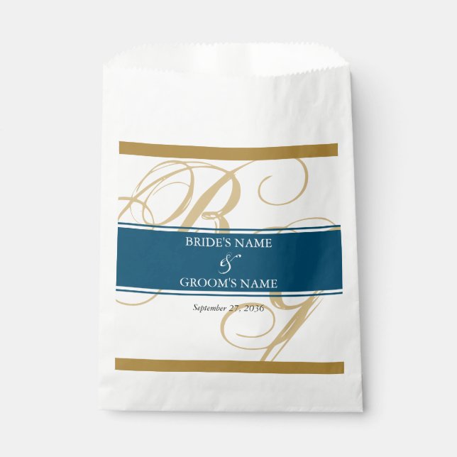 Gold Blue Elegant Script Monogram Wedding Favour Bag (Front)