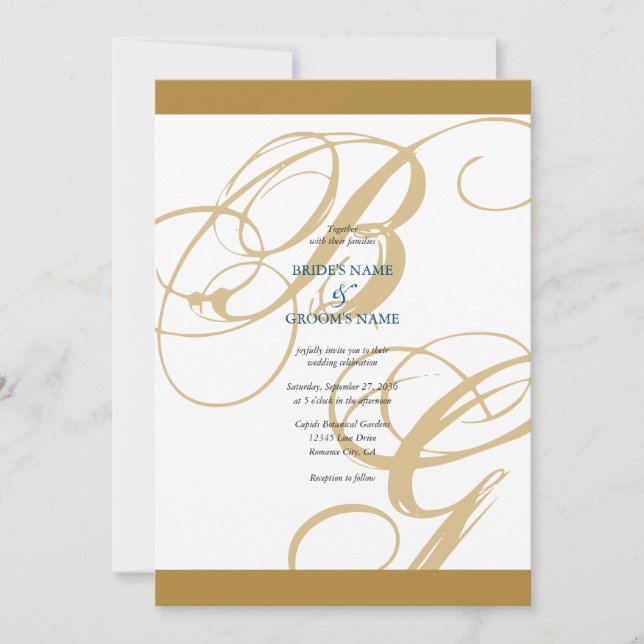 Gold Blue Elegant Script Monogram Wedding Invitation (Front)