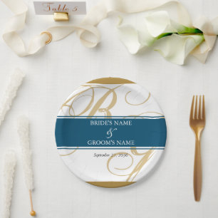 Gold Blue Elegant Script Monogram Wedding  Paper Plate