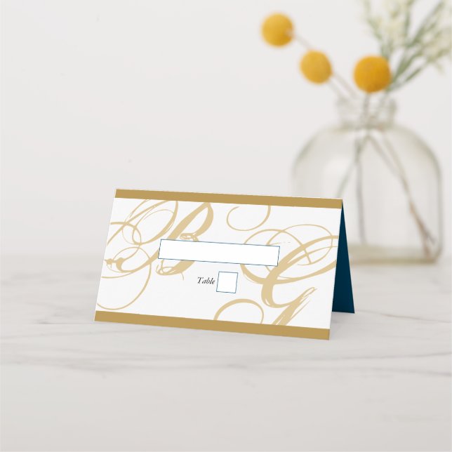 Gold Blue Elegant Script Monogram Wedding  Place Card (Front)
